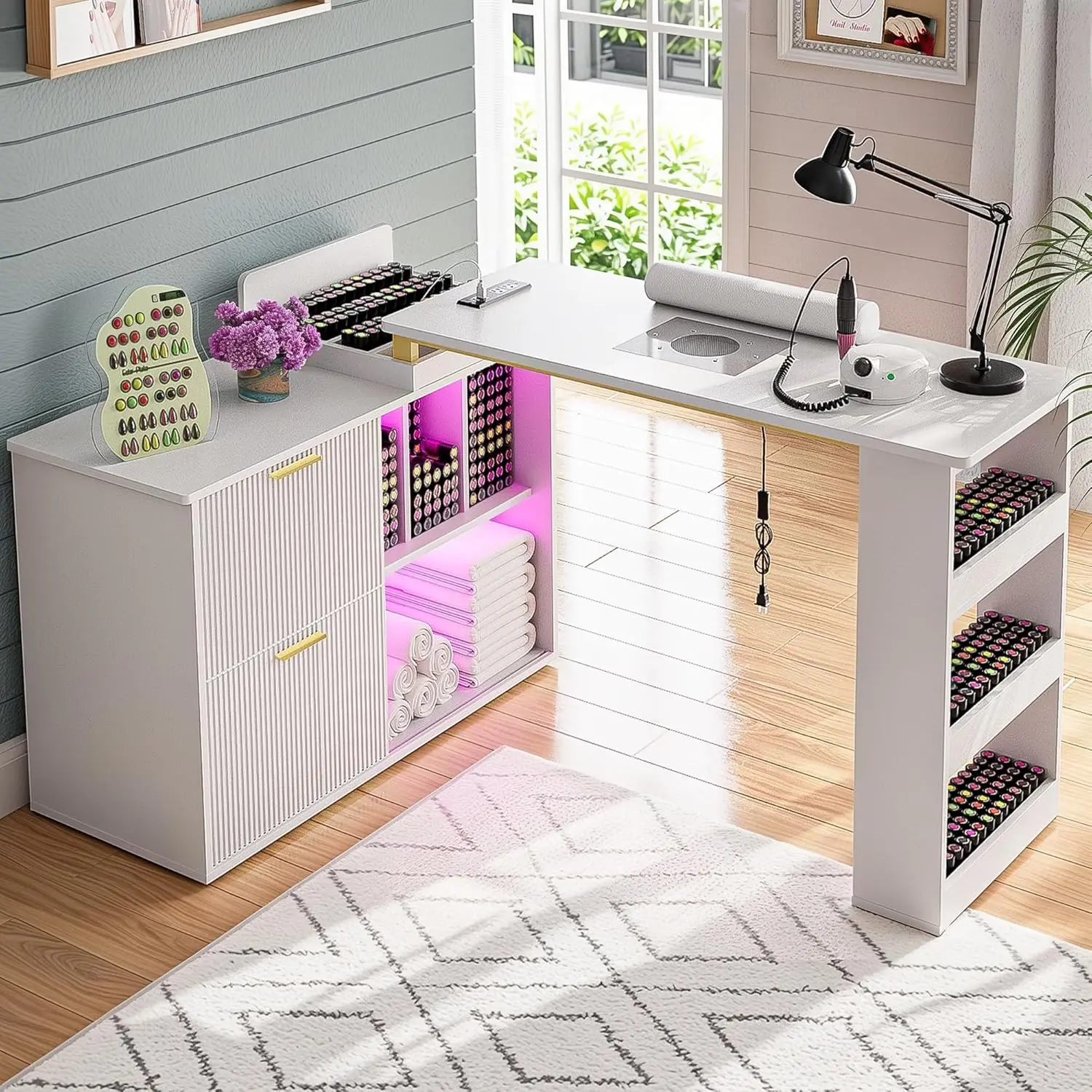 Manicure Table with LED Light, L-Shaped Nail Tech Table w/ Dust Collector & Power Outlets, Corner Nail Station, Customized
