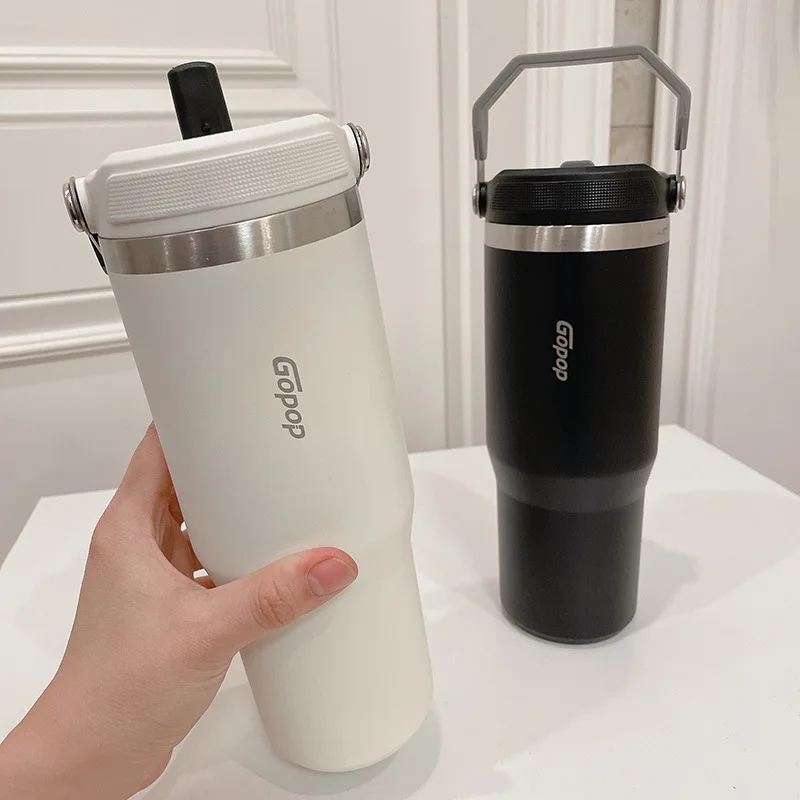 900ml Thermal Water Bottle Stainless Steel Large Capacity With Straw Thermos Bottle With Handle Cold And Hot Thermos Car Cup