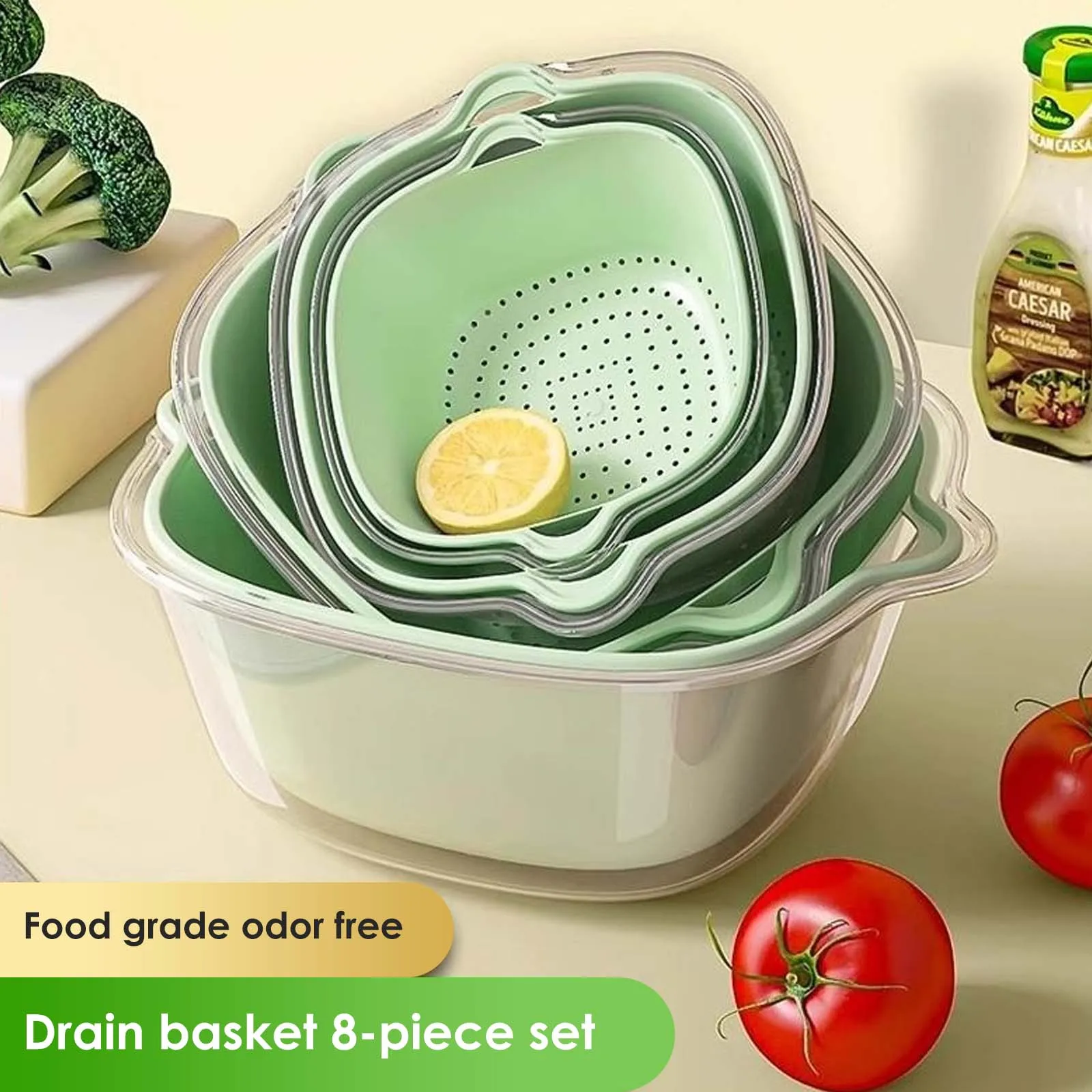 8pcs set Kitchen Double Layer Drain Basket Bowl Washing Storage Basket Filter Bowl Drain Vegetable Fruit Cleaning Colander Tool