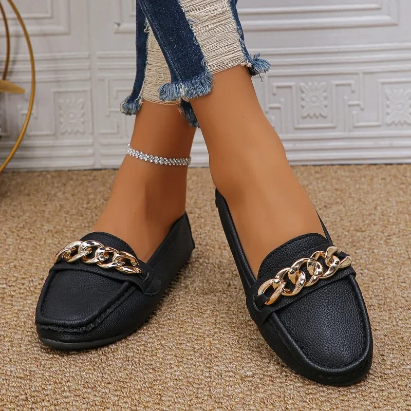 Women's Shoes 2024 Plus Size Slip on Women's Flats Casual Bean Flats Women The Chain Round Toe Outdoor Soft Bottom Ladies Shoes