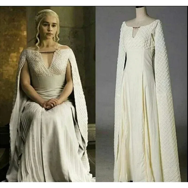 2025 New Daenerys Targaryen cosplay Halloween queen costume with Cape long white vintage gothic princess dress AA