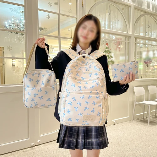 Mochila coreana con estampado de lazo para mujer, morral escolar ligero y sencillo para estudiante, conjunto de tres piezas