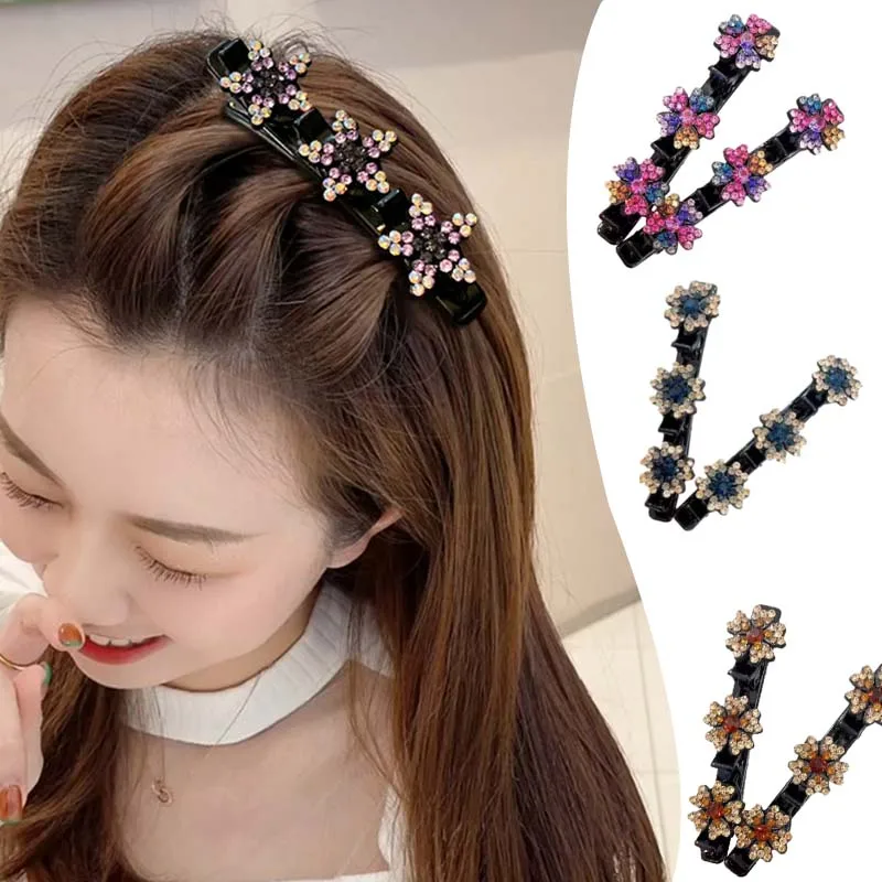 2pcs Women's elegant colorful rhinestone petals braided hair clip double layer of broken hair bangs hair clip headdress