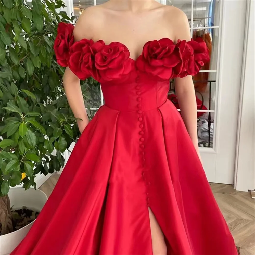 Eleganckie formalne czerwone suknie balowe Off Shoulder ręcznie robione kwiaty szczelina A-Line suknie wieczorowe zapinane na guziki długie sukienki imprezowe nowy 2023