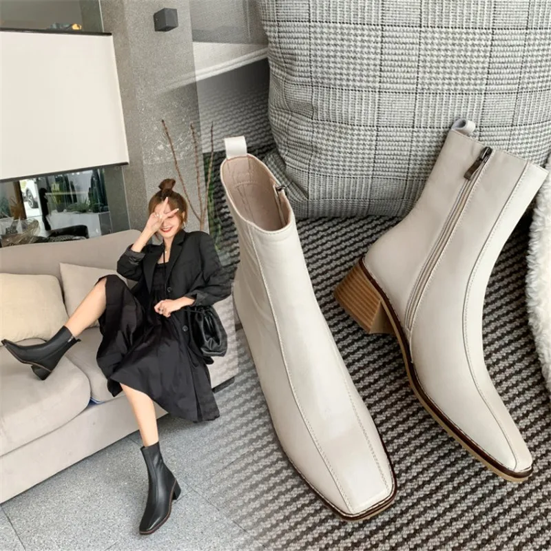 New Autumn Winter Split Leather Women Boots Fashion Chelsea Boots for Women Square Toe Short Boots High Heels Botines Mujer