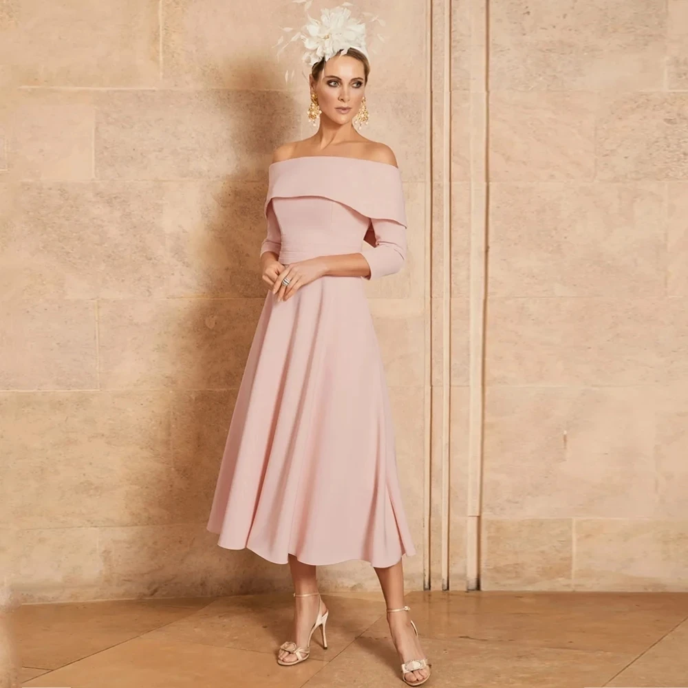 

Elegant Pink Mother of The Bride Dress 2026 Boat Neck 3/4 Sleeves Pleat Belt A Line Tea Length Chiffon Wedding Guest Party Gown