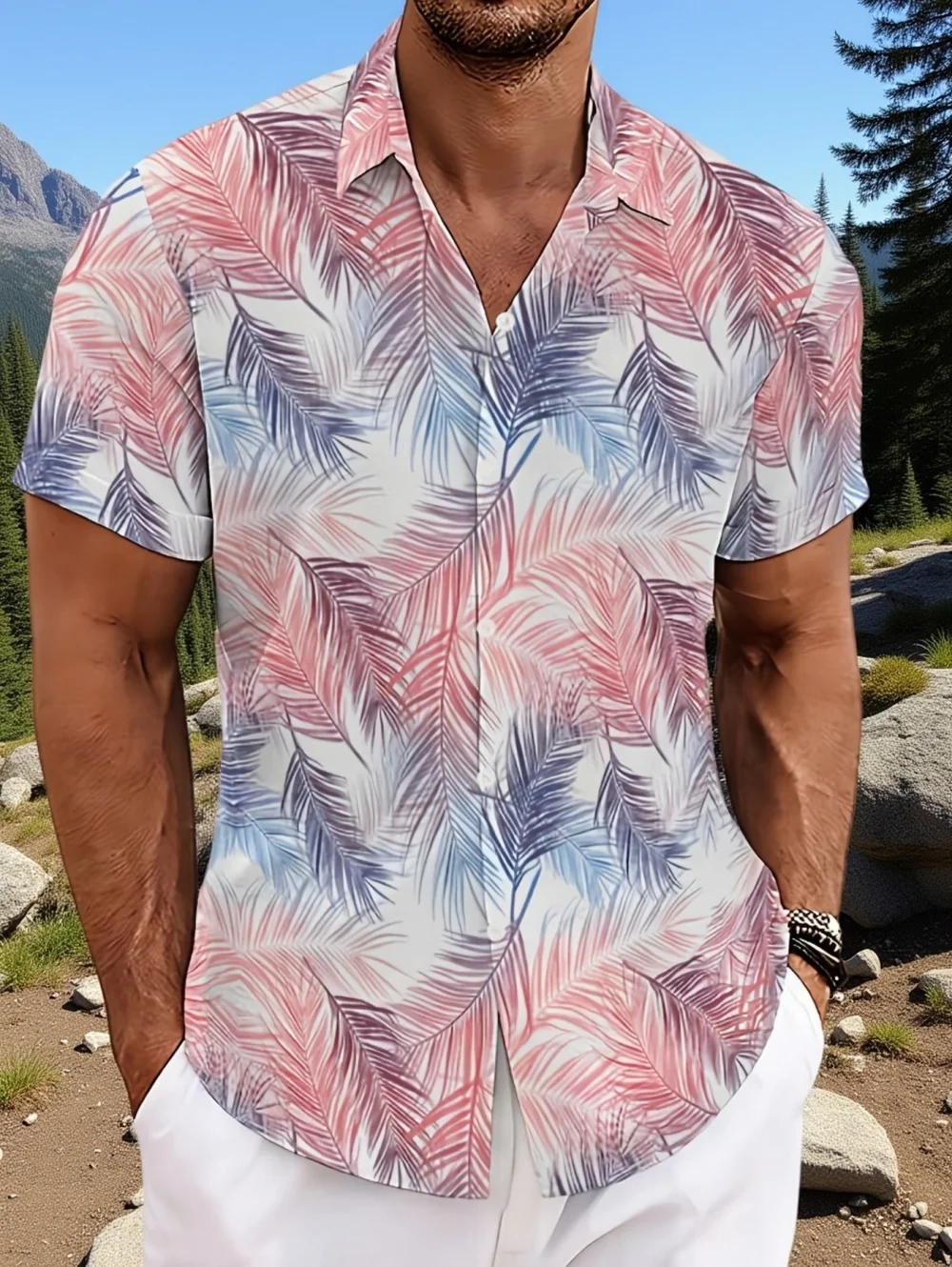 

Мужская летняя рубашка с коротким рукавом в гавайском тропическом стиле с цифровым принтом и цветочным узором, однобортная