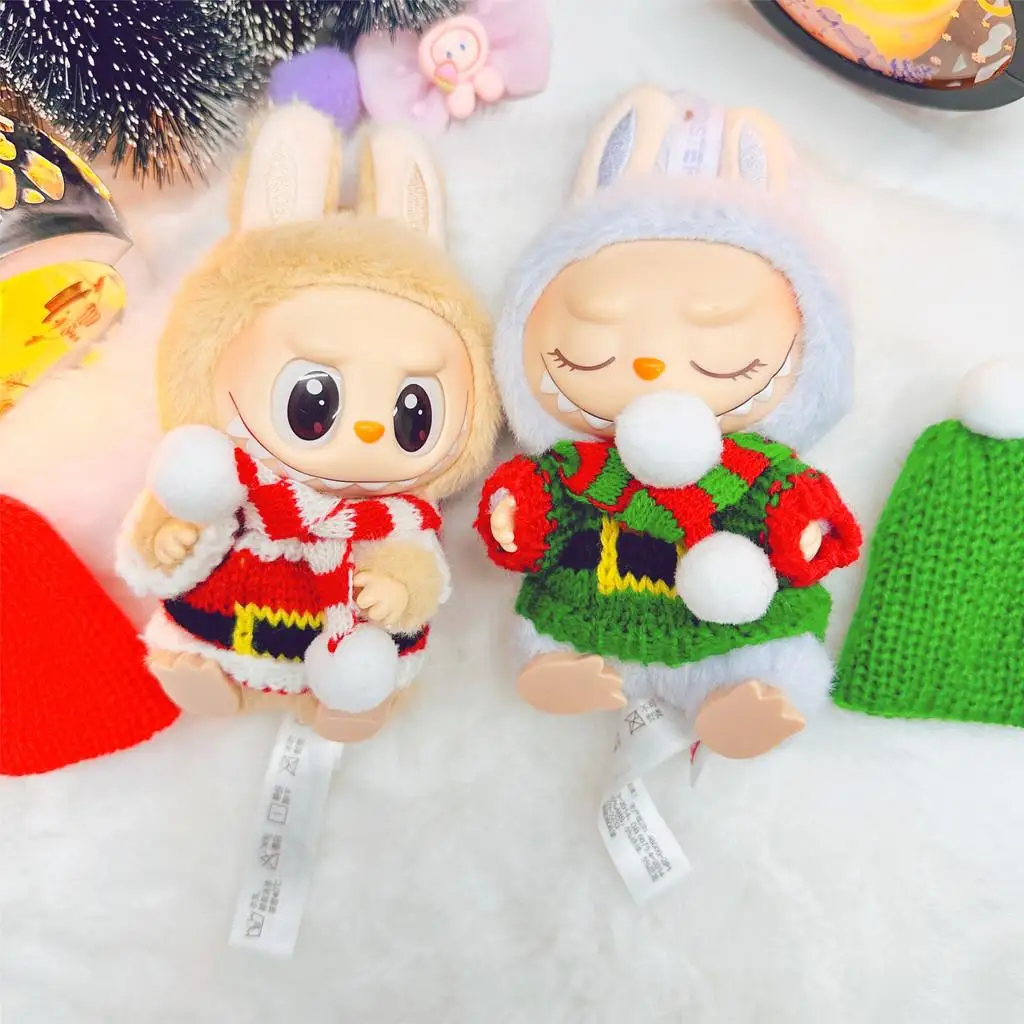 For 17 CM Mini Doll Clothes Outfit Accessories Christmas Sweater Scarf Hat Set For Labubu Cotton Doll Clothing Kid Girl Gift