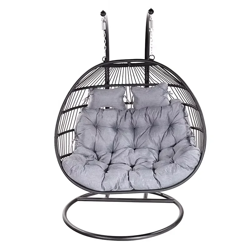 Modern Metal Wicker Hanging Egg Chair Double Swing for Outdoor Garden Courtyard Front Porch with Stand Removable Cushion