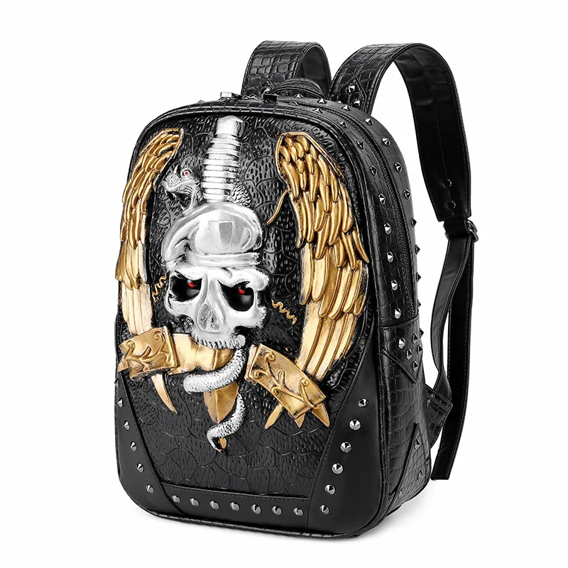 3D Skull Backpack Embossing Rivet Black Purse Satchel Halloween Stylish Cool PU Leather laptop Travel Soft Bags