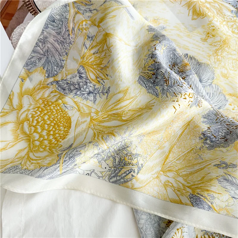 100% Mulberry Silk Scarf Women Square Accurate Hem Bandanas Top Accessories Square Head Neck Shawls Scarves Foulard Female 65cm