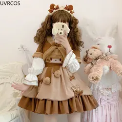 Japanese Kawaii Lolita Jsk Dress Women Victorian Gothic Plush Coat Cartoon Bear Strap Dresses Girls Brown Lolita Cosplay Costume