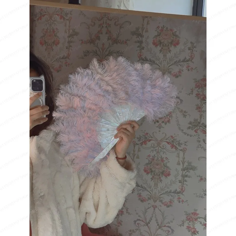 Handmade Mother-of-Pearl Mixed Color Ostrich Feather Antique Fan, Vintage Photography Prop