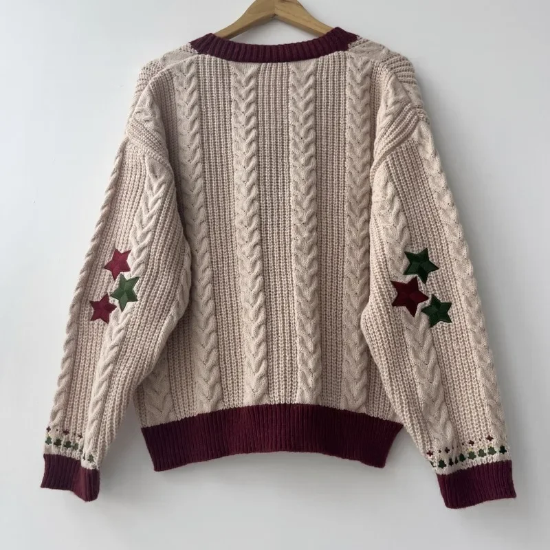 Cardigan arbre de Noël pour femme avec lettre brodée, pull chaud, cadeau de vacances, automne, hiver