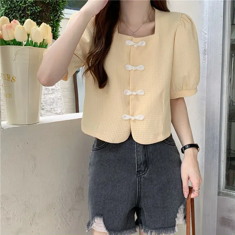 Crop Tops Shirts Women Vintage Chic Buttons Chinese Style Square Collar Summer Fashion Tender Girlish Streetwear Simple Students