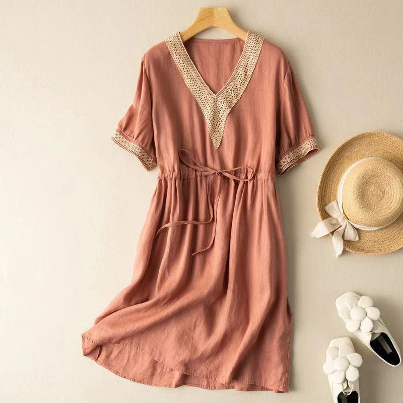 Fashion V-Neck Spliced Embroidery Shirring Bandage Midi Dress Women's Clothing 2025 Summer New Loose Korean Short Sleeve Dress