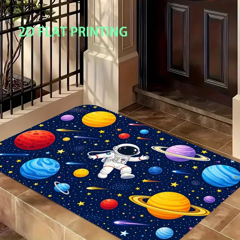 1pc, 2D Flat Printing, Space-Themed Cartoon Floor Mat with Astronaut and Planet Pattern, Non-Slip Machine Washable Easy-to-Cle