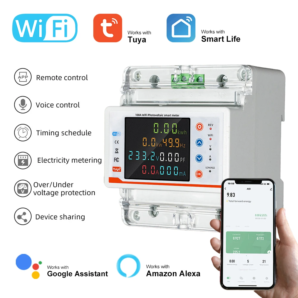 Tuya WiFi Smart Bidirectional Energy Meter Intelligent Circuit Breaker Automatic Recloser Switch APP Control Work with Google