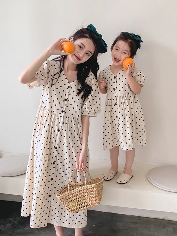 

Girl Summer Dresses Parent-child Dress Girl Cotton Polka Dot Korean Korean Western Style Mother and Daughter Dress Familly Look