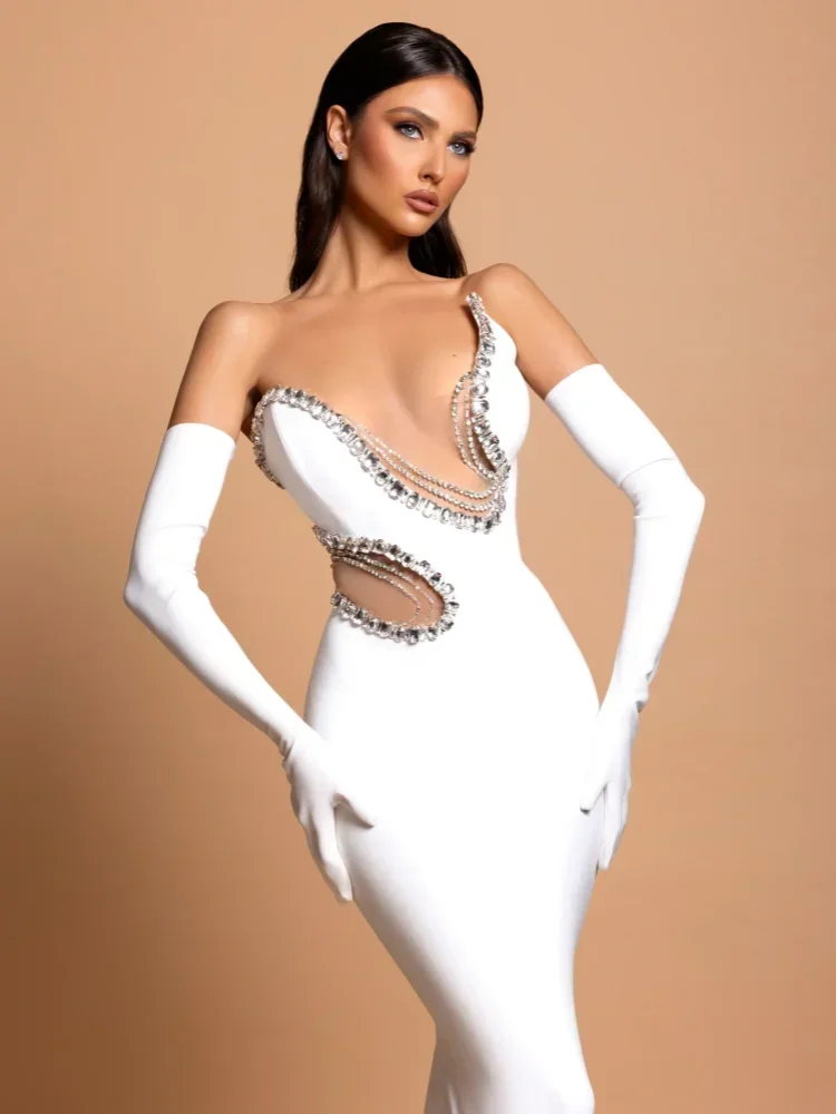 

Sexy Strapless Asymmetric Neck Mesh Patchwork Crystal Bandage Dress Women White Sleeveless Diamonds Bodycon Long Dresses Evening