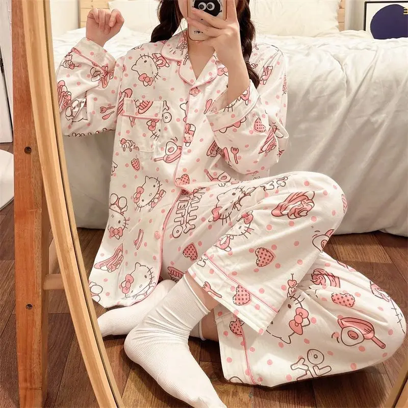 

Sanrio Long Sleeves Spring Autumn Hello Kitty Set Fresh Trousers Sweet Cute Kawaii Taste Breathable Sleep Exquisite Girl New