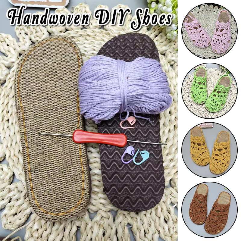 

1 Set Summer Hook Soles Anti-kick Rubber Soles + Hollow Line Hand-woven Slippers Sandals DIY Shoes Crocheted Material