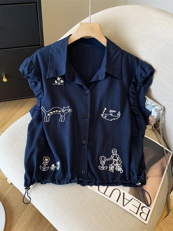 เสื้อผ้าปักลายการ์ตูนทรงหลวม แขนสั้น สำหรับผู้หญิง ฤดูร้อน ผ้าบาง ระบายอากาศได้ดี สไตล์ลำลอง เอวสูง ผ้าถักโพลีเอสเตอร์