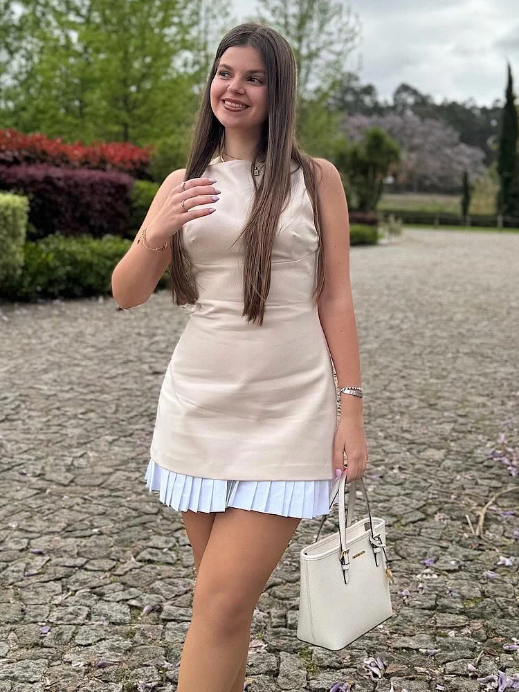 

HH Women Summer Fashion Versatile Patchwork Decorate Zipper Mini Dress Female High Street Sexy Grey Crew Neck Sleeveless Dress