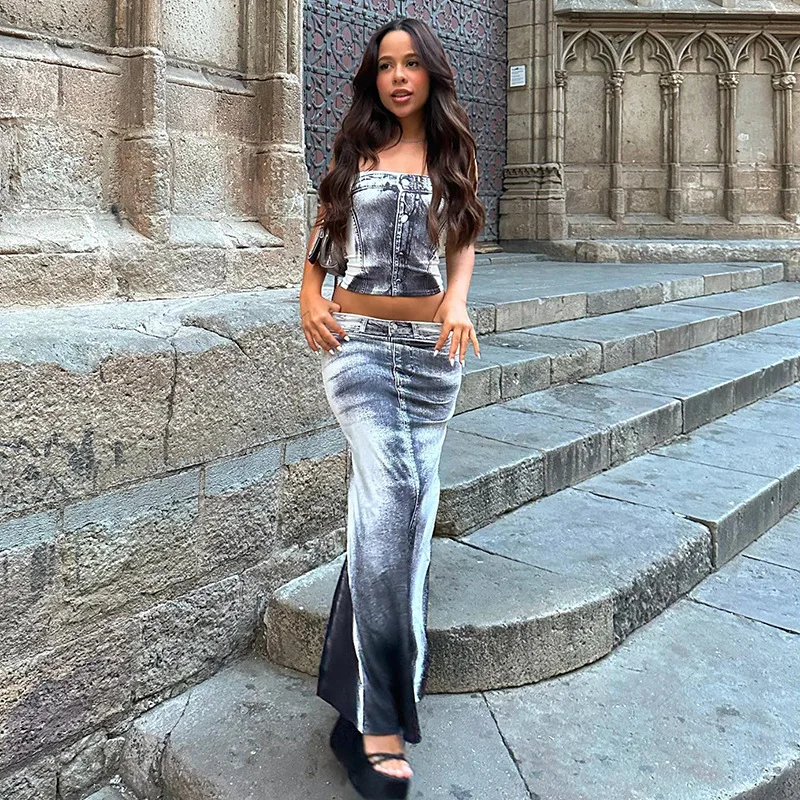 Woman Skinny Chic Hipster Strapless Tops+Maxi Skirts Matching Casual Streetwear Outfits Fake Denim Print Women 2 Piece Set