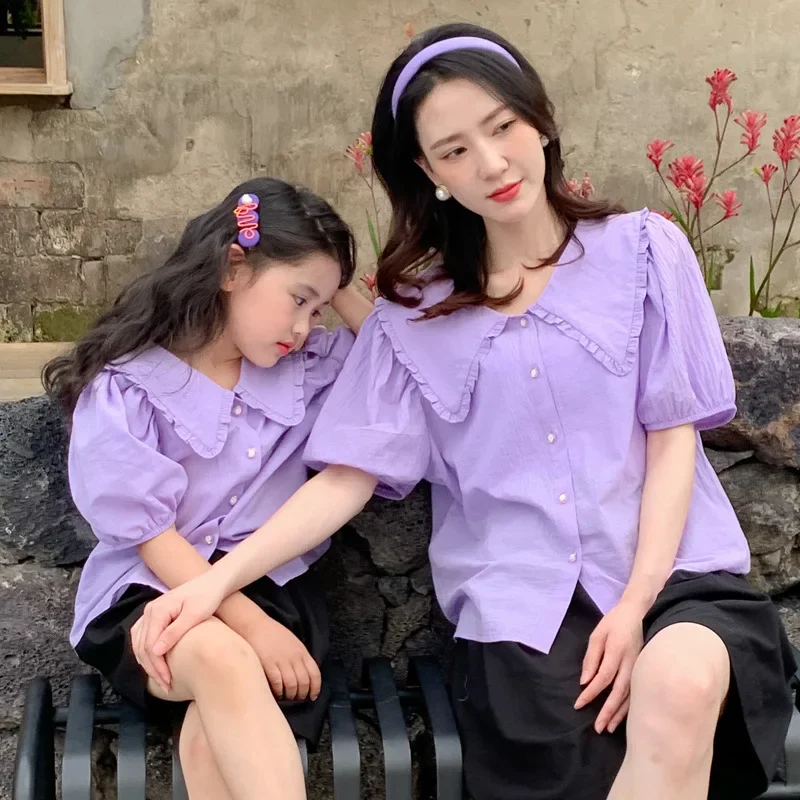 Mother Daughter Set Women Outfit Mom And Baby Girls Matching Clothes 2022 Summer Korea Children Blouse And Shorts Two Piece Suit