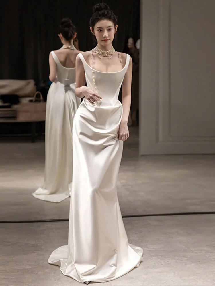 فستان زفاف بحمالات ساتان أنيق وبسيط، فستان سهرة أبيض طويل، فستان زفاف عصري للنساء