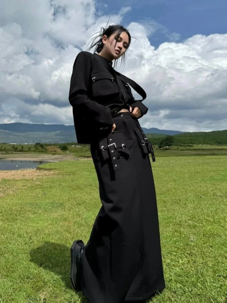 

Women's Black Edgy Gothic Set - Cropped Cargo Jacket with Metal Buckles & Maxi Skirt, Vintage Punk Streetwear for Spring Autumn