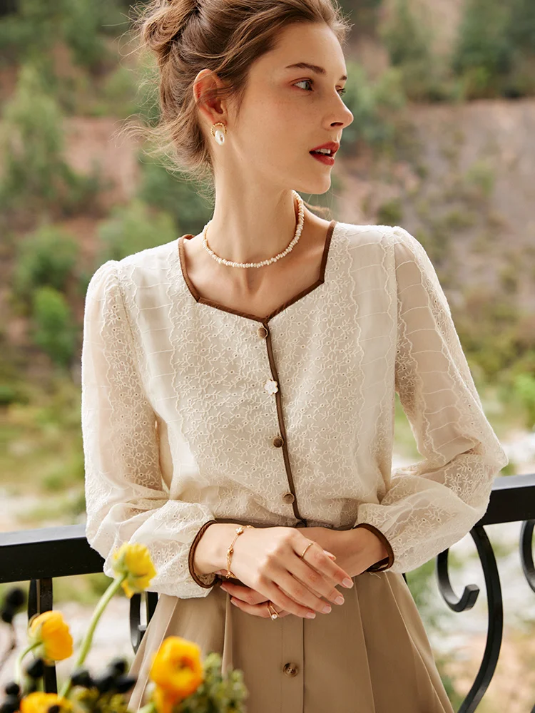 

OLrain Square Neck Blouses Puffed Sleeves Chiffon Shirts 100% Cotton Women Spring Elegant Lace Bubble Cardigan Tops M56QC60528