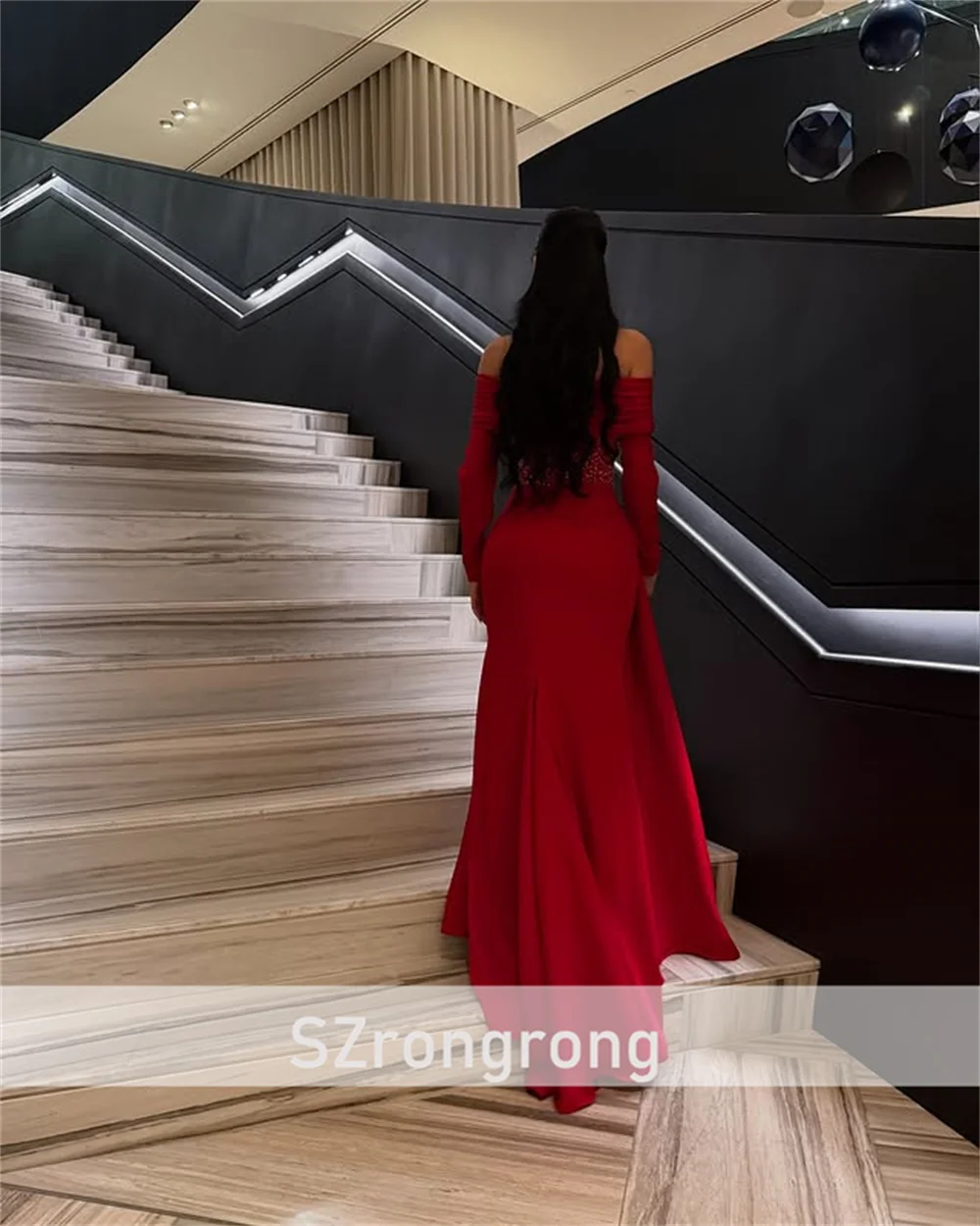 샤론 사우디 뉴 스타일 여성용 새틴 이브닝 드레스 긴팔 크리스탈 시스 백리스 롱 프롬 가운 스윕 코트 맞춤 제작