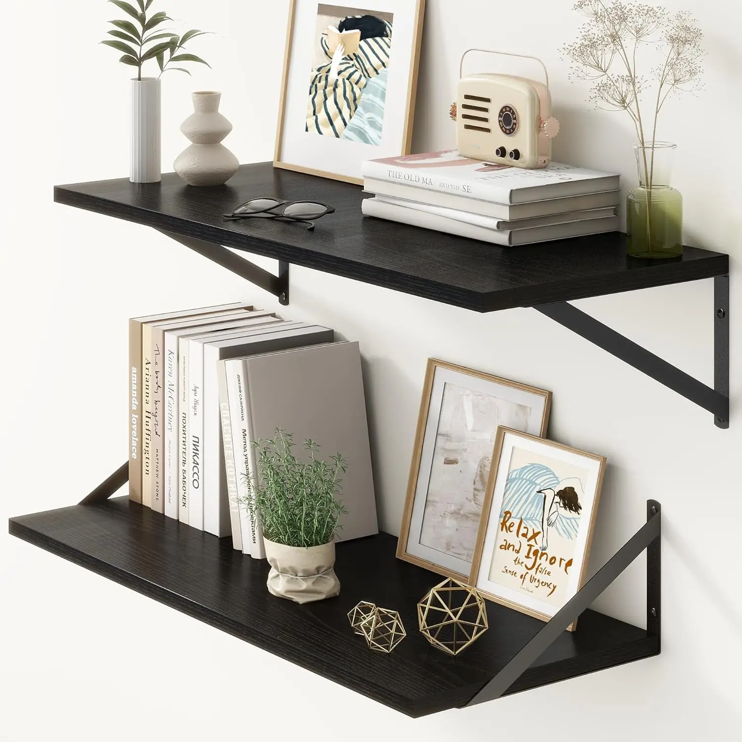 

12 Inch Deep Floating Shelves, 30W x 12D Wall Shelves with Brackets, Black Rustic Wood Shelf for Kitchen Living Room Bathroom