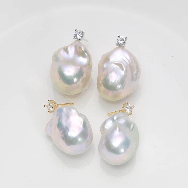 100% Natural Fresh Water Pearl 925 Sterling Silver Big Baroque Pearl Earrings 15-25mm Simple Classic Zircon Princess style  EE