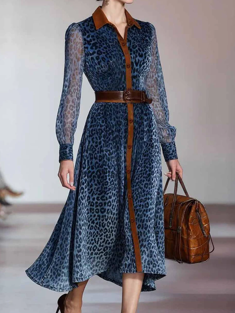 Women Autumn Long Sleeve Casual Maxi Dress Turn Down Collar Elegant Fashion Party Dress Office Lady Retro Printing Dress Vestido