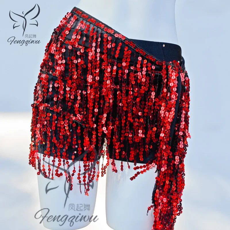 Enlarged four-layer belly dance sequin tassel square drum jazz dance butt curtain hip scarf strap skirt practice waist chain view 2