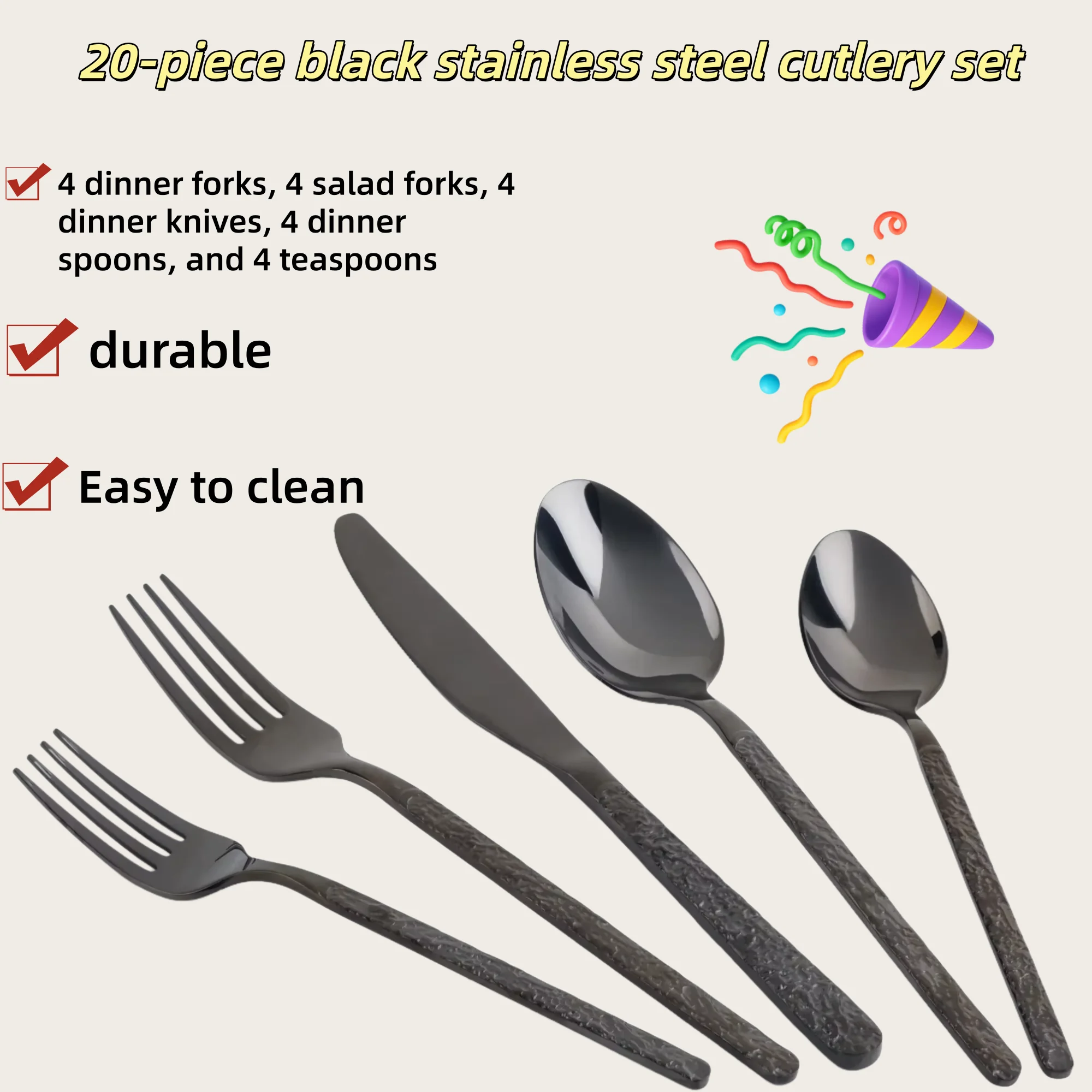 

Modern 20-Piece Black Stainless Steel Flatware Set | Dishwasher Safe Silverware for 4 | Elegant Dining & Entertaining Tableware