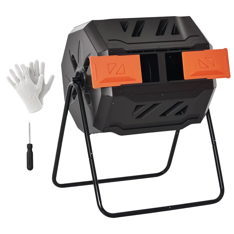 Compostador giratorio Outsunny para exteriores 360 ° Compostador Giratorio de Doble Cámara de 43 Galones, Naranja
