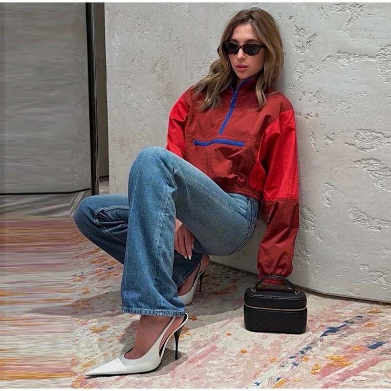 Contrast Color Fashion Wind Jacket Turn Down Collar Zipper Elastic Cuff Hem Long Sleeve Windproof Coat 2026 Autumn Women Coats
