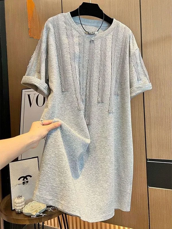 

plus Size Lace Splice Short Sleeve Dress Women's Summer Loose Casual Versatile T-Shirt Dress Comfortable Cotton Commute Style
