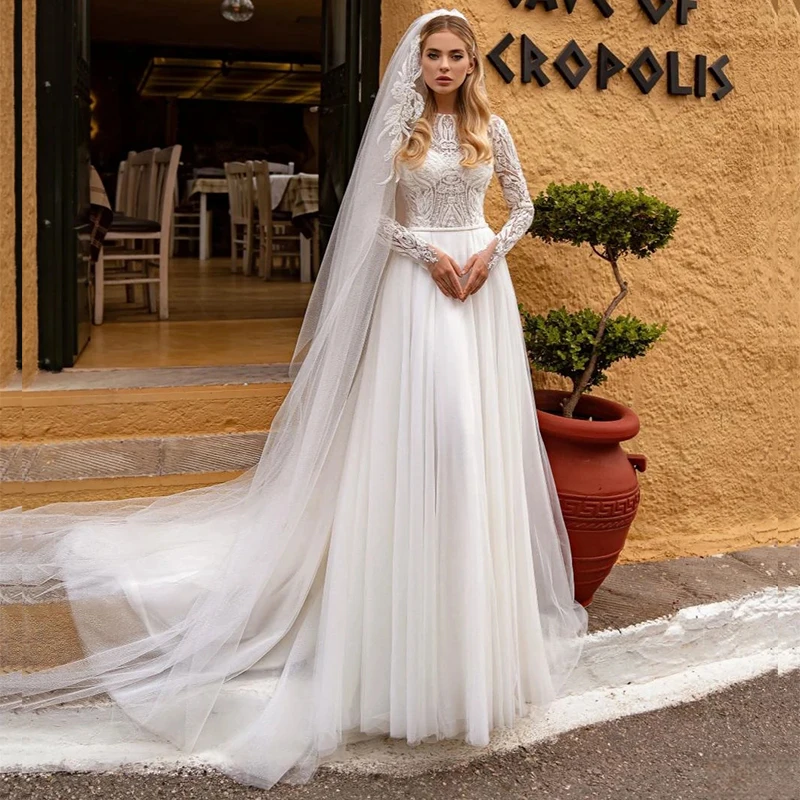 Luxury Lace Appliques Bridal Gowns Elegant A-Line Wedding Dresses Sequined Long Sleeves Button With Train Vestidos De Novia