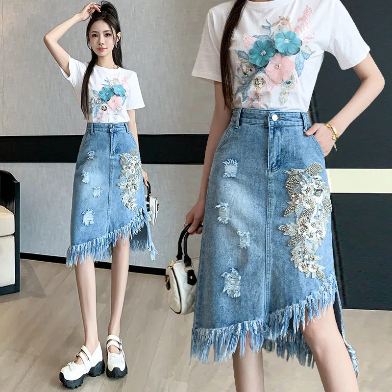 Retro Embroidery Beads Hole Denim Skirt for Women 2024 Summer New Sweet Tassel Ripped Mid-Length Flower Asymmetric Ric Skirts