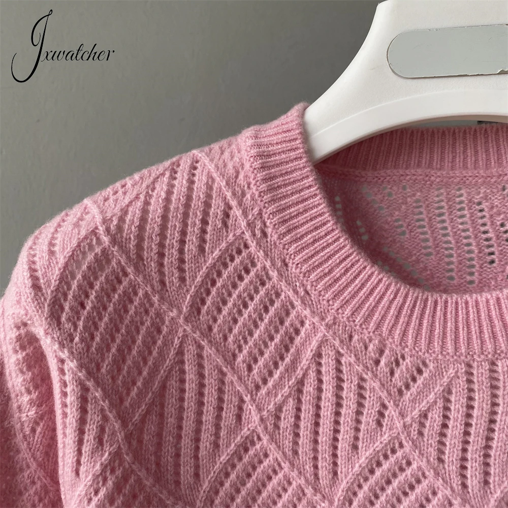 Jxwatcher Women\'s Sweater O Neck Soft Knitted Wool Tops Spring Hollow Out Thin Knitwear Ladies Fall Fashion Pullover New Arrival