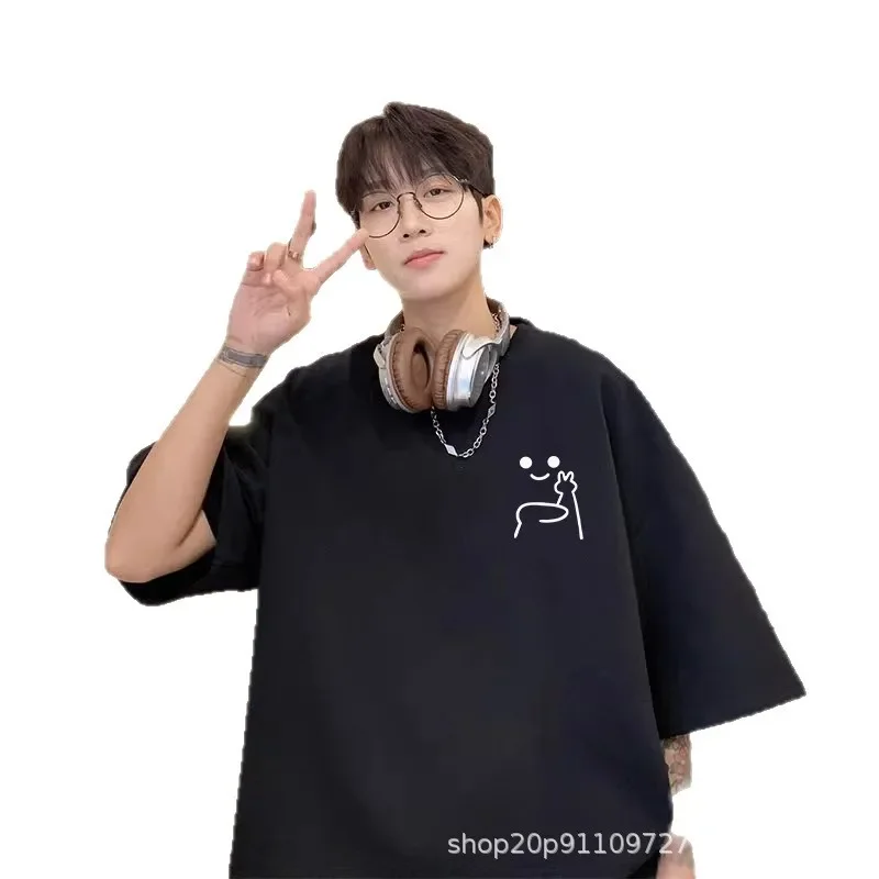 فضفاض عصري قصير الأكمام الرجال تي شيرت تنفس الكرتون طباعة الصيف أزياء عارضة أعلى نصف كم هونغ كونغ نمط المحملة #5