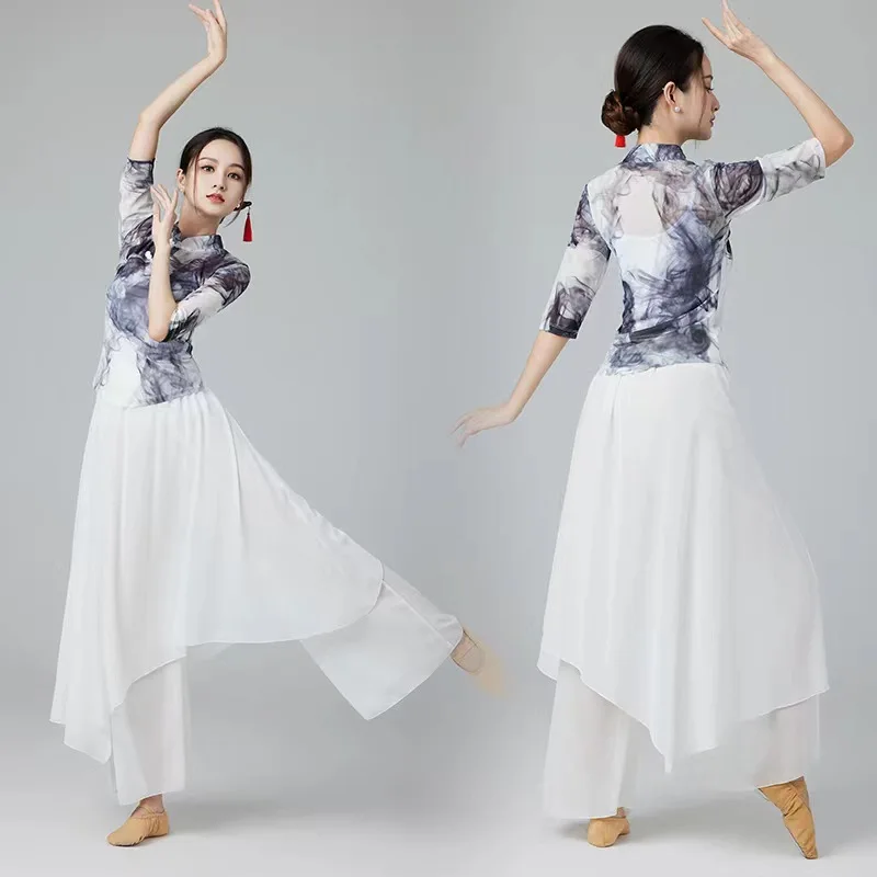 Square dance ink stand collar clothing new spring and summer China-Chic classical dance practice dance net gauze clothes long sk