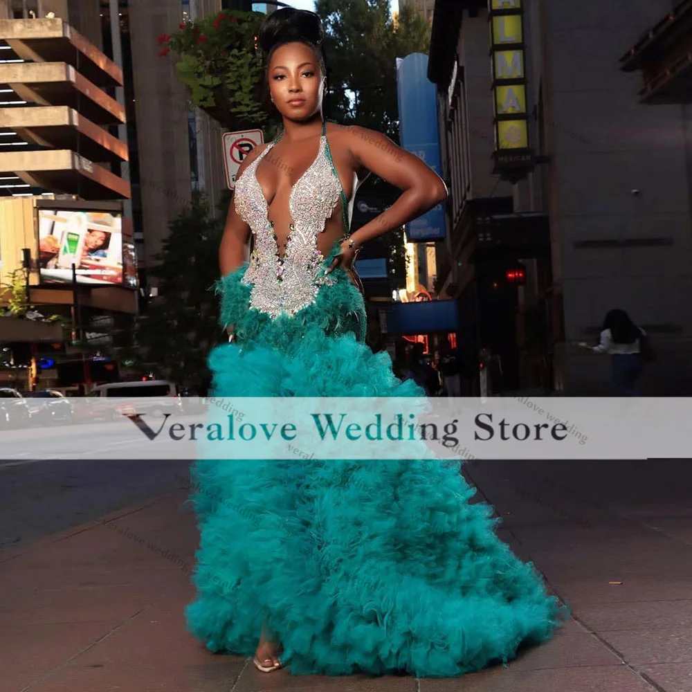 

Collections Mermaid Prom Dresses With Feathers 2022 Halter Neck Beads Slit African Cocktail Party Gala Dress Robe De Bal