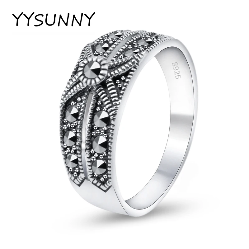 YYSUNNY 925 Sterling Silver Marcasite Ring Vintage Thai Silver Ethnic Style Women Party Ring