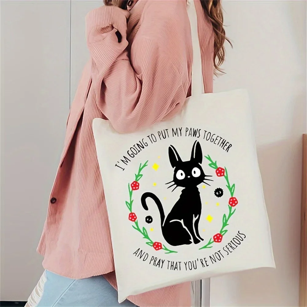 Black Mysterious Magic Kitten Summer Travel Canvas Makeup Bag Portable Anime Medicine Bag Foldable Reusable Zipper Wallet